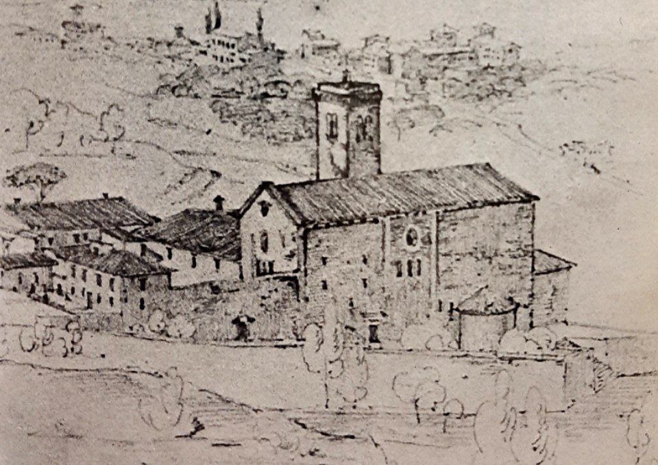 Fig. 1 - La Badia Fiesolana vista da nord, disegno di G.M. Hessemer, 1828