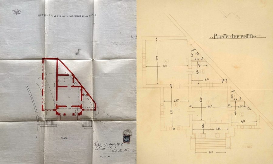 Figura 3 - Pianta relativa a un primitivo progetto dell’architetto Ezio Cerpi per la costruzione del nuovo Museo (aperto al pubblico nel 1914) e planimetria definitiva 